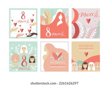 International Women Day Card as Global Holiday Greeting Vector Set