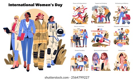 International Women Day celebrates women's achievements and highlights key themes of empowerment and collaboration. It showcases women from diverse fields, promoting solidarity, health, education, and