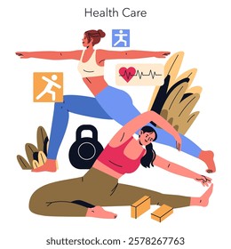 International Women Day celebrates women's empowerment through health and fitness. The illustration features women engaging in exercise amidst health symbols. It promotes well-being, strength, and