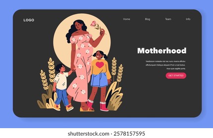 International Women Day. Celebrating the strength and beauty of motherhood through diverse representation. A strong woman holds a flower while accompanied by two children, illustrating support and