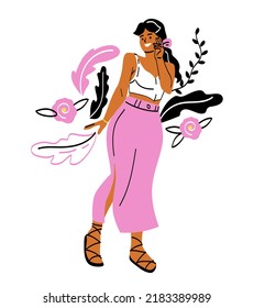 International Women Day concept. Beautiful young woman in stylish clothes smiles and embarrassed. Cute girl surrounded by flowering plants and flowers. Cartoon flat vector illustration in doodle style