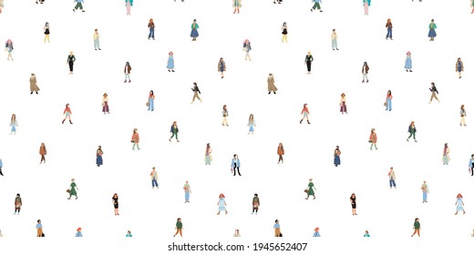 International women day concept. Lifstyle of defferent women. Vector illustration of diverse beautiful strong women that are fighting for equality and rights. Seampless vacant pattern for wrapping