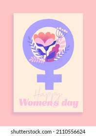 International Women Day concept. Poster with gender female sign, flowering plants and inscription. Design element for greeting card. Cartoon flat vector illustration isolated on pink background