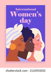 International Women Day concept. Poster with three female characters of different nationalities. Design element for postcards and covers. Cartoon flat vector illustration isolated on pink background