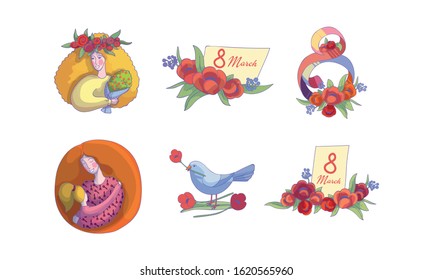 International Women Day Decorative Compositions for Holiday Postcard Vector Set