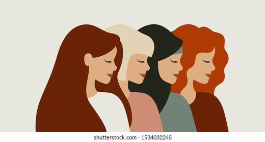 International women day. Diverse female portraits of different nationalities and cultures isolated from the background. The concept of the women's empowerment movement.