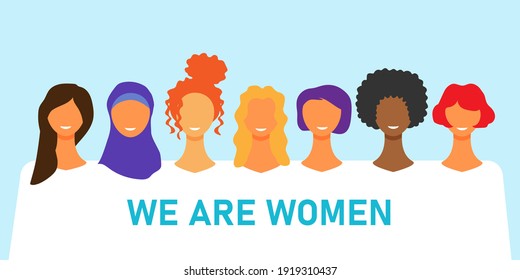 International women day. Diverse female portraits of different nationalities and cultures isolated from the background. The concept of the women's empowerment movement. Vector illustration