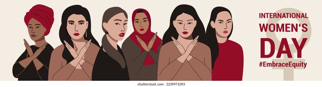 International Women is Day. EmbraceEquity. Women in leadership, woman empowerment, gender equality concepts. Crowd of women of diverse age, races and occupation. Vector horizontal banner