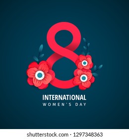International women day flyer. 8 number with red paper cut flowers vector 
