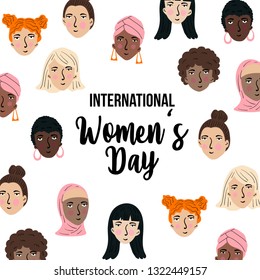 International women day greeting card / poster / flyer / banner design with various women face in different culture and skin color