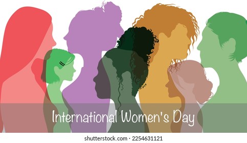 International Women Day. Group of women from different ethnicities stands together.  Flat vector illustration	