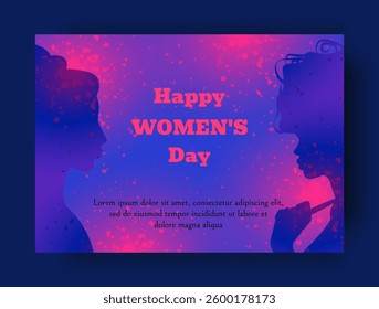 International women day. Happy young girls. Greeting card. Female figure silhouettes. Holiday banner. Attractive faces. Abstract gradient color burst. Festive firework explosion. Vector background