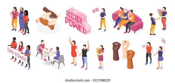 International Women Day Isometric Icons With Community Of Different Ethnicity Female Characters And Slogan Girl Power Isolated On White Background Vector Illustration