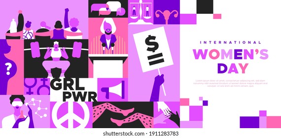 International Women Day landing web page template for women rights or feminist social issues event on March 8. Pink mosaic illustration girl friend group together, equal pay protest sign and more.