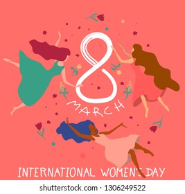 International Women Day. Women levitating in the air. Vector