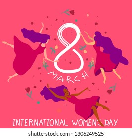 International Women Day. Women levitating in the air. Vector