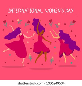 International Women Day. Women levitating in the air. Vector