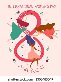 International Women Day. Women levitating in the air. Vector