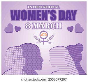 International Women Day on March 8, showcasing empowering female silhouettes and symbols in purple. Flat vector modern illustration  