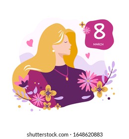 International Women Day. Postcard on March 8. Vector illustration. Isolated on white background. 