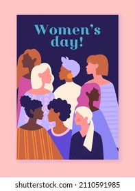 International Women Day. Poster with group of multiethnic beautiful female characters. Girl power. Design element for greeting card. Cartoon flat vector illustration isolated on pink background