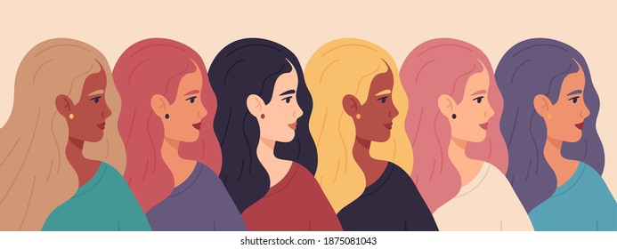 International women' day. Women profile faces, friendship, sisterhood womens' day concept. Women empowerment movement vector illustration. Group friendship, people social march, sisterhood face