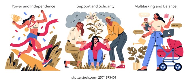 International Women Day representation highlighting strength, community, and balance. The illustration shows powerful women celebrating achievements, supporting each other, and managing multitasking
