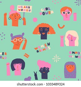 International women day seamless pattern with surfer girl and inspiration feminist text quote in vector. Girl power concept.