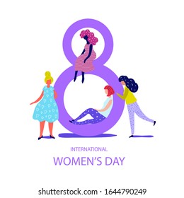 International Women Day. Silhouette of a beautiful girls. Postcard on March 8. Vector illustration. Isolated on white background. 
