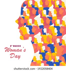 International Women Day. Silhouette of a beautiful girl with a flowers.Postcard on March 8. Vector illustration. Isolated on white background. 