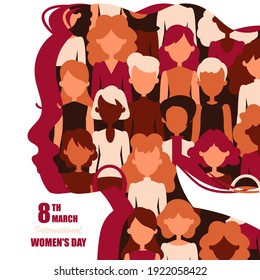 International Women Day. Silhouette of a beautiful girl with a flowers.Postcard on March 8. Vector illustration. Isolated on white background. 