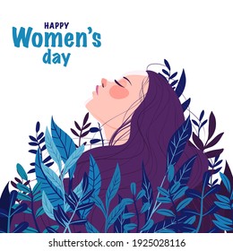 International Women Day. Silhouette of a beautiful girl with a flowers. Postcard on March 8. Vector illustration. Isolated on white background. 