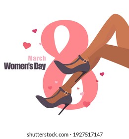 International Women Day. Silhouette of a beautiful girl with a flowers. Postcard on March 8. Vector illustration. Isolated on white background. 