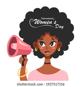 International Women Day. Silhouette of a beautiful girl with a flowers. Postcard on March 8. Vector illustration. Isolated on white background. 
