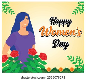 International Women Day with a smiling woman amid vibrant red rose  elements. Celebrate women empowerment, beauty, and positivity with this cheerful graphic. Flat vector modern illustration 