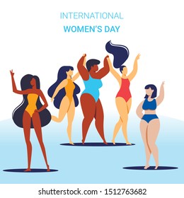 International Women Day Square Banner, Company of Happy Multiracial and Multicultural Girls Different Age and Ethnicity Cartoon Flat Vector Illustration