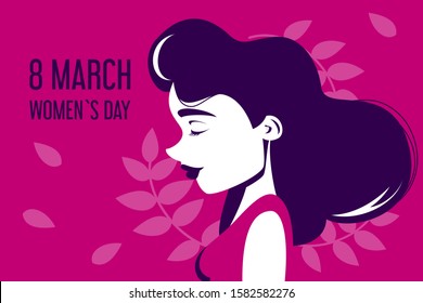 International women day vector banner. Portrait of a beautiful woman with nice hair. Happy person. Celebration of the holiday in march.