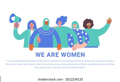 International Women Day. Vector illustration with women different nationalities and cultures. Struggle for freedom, independence, equality. Girls hugging and holding banner. Fight for freedom vector
