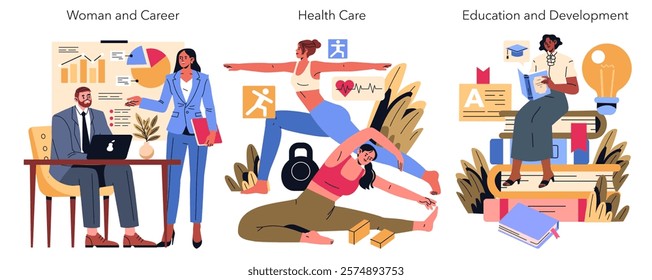 International Women Day vector illustration emphasizes women's empowerment across various sectors. It showcases women in career advancement, health and wellness, and education. This art celebrates