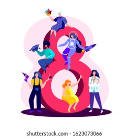 International Women Day.Feminism concept.Different Ladies Builder,Doctor,Cosmonaut,Pregnant,Elderly,Educated.Sit on Eight March.Motivation Feminine, Female,Woman Empowerment.Flat vector illustration