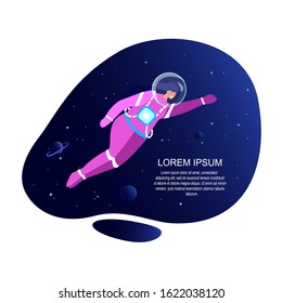 International Women Day.Feminism concept.Free Confident Happy Female Cosmonaut in Space.Super Woman.Opportunity to Choose Profession.Feminist Achievement,Empowerment.Flat Motivation Vector Illustratio