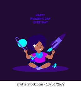 International Women Day.Little African Girl play with Rocket Space Planet and Dream to become a Powerfull Lady Astronaut.Feminism Motivation.Woman Empowerment.Confident Choice.Flat Vector Illustration