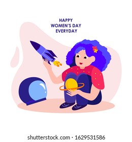 International Women Day.Little Girl play with Rocket, Cosmonaut Helmet and Dreaming to become Powerfull Lady Astronaut.Feminism Motivation.Woman Empowerment.Confident Choice.Flat Vector Illustration