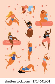 International women doing fitness, yoga vector flat illustration. love your body