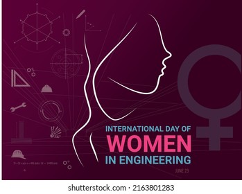 International Women In Engineering Day
Silhouette Of A Woman On A Colored Background With Engineering Icons.