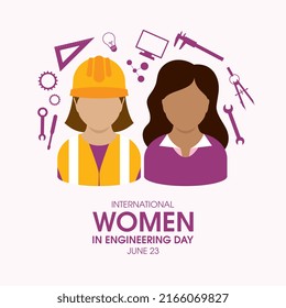 Vector del Día Internacional de la Mujer en la Ingeniería. Vector de ícono púrpura de avatar de la mujer. Elemento de diseño de ingeniero femenino. Vector de conjunto de iconos de ingeniería. 23 de junio. Día importante