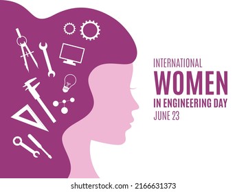 Vector del Día Internacional de la Mujer en la Ingeniería. La mujer se enfrenta a un vector de silueta púrpura de perfil. Elemento de diseño de ingeniero femenino. Vector de conjunto de iconos de ingeniería. 23 de junio. Día importante