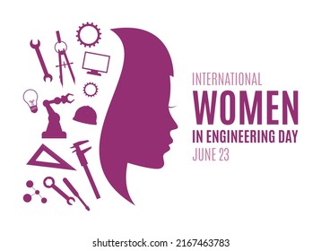 International Women in Engineering Day vector. Woman face in profile purple silhouette vector on a white background. Female engineer design element. Engineering icon set vector. June 23. Important day