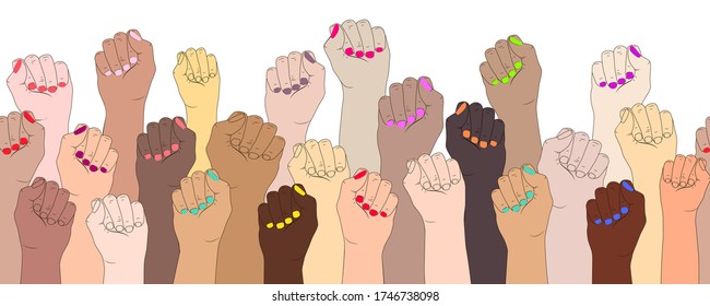 International women feminism vector concept. Seamless border with female hands on a white background. A symbol of the feminist movement, struggle and resistance. Female fingers with manicure isolated.