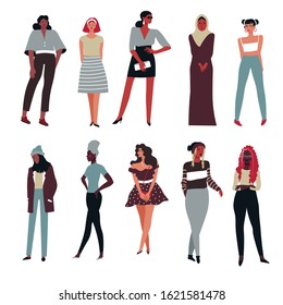 International women isolated characters vector. Diverse group of girls, race and outfits. African and Indian, Arab and European, businesswoman and teen. Housewife and schoolgirl, hipster and mother